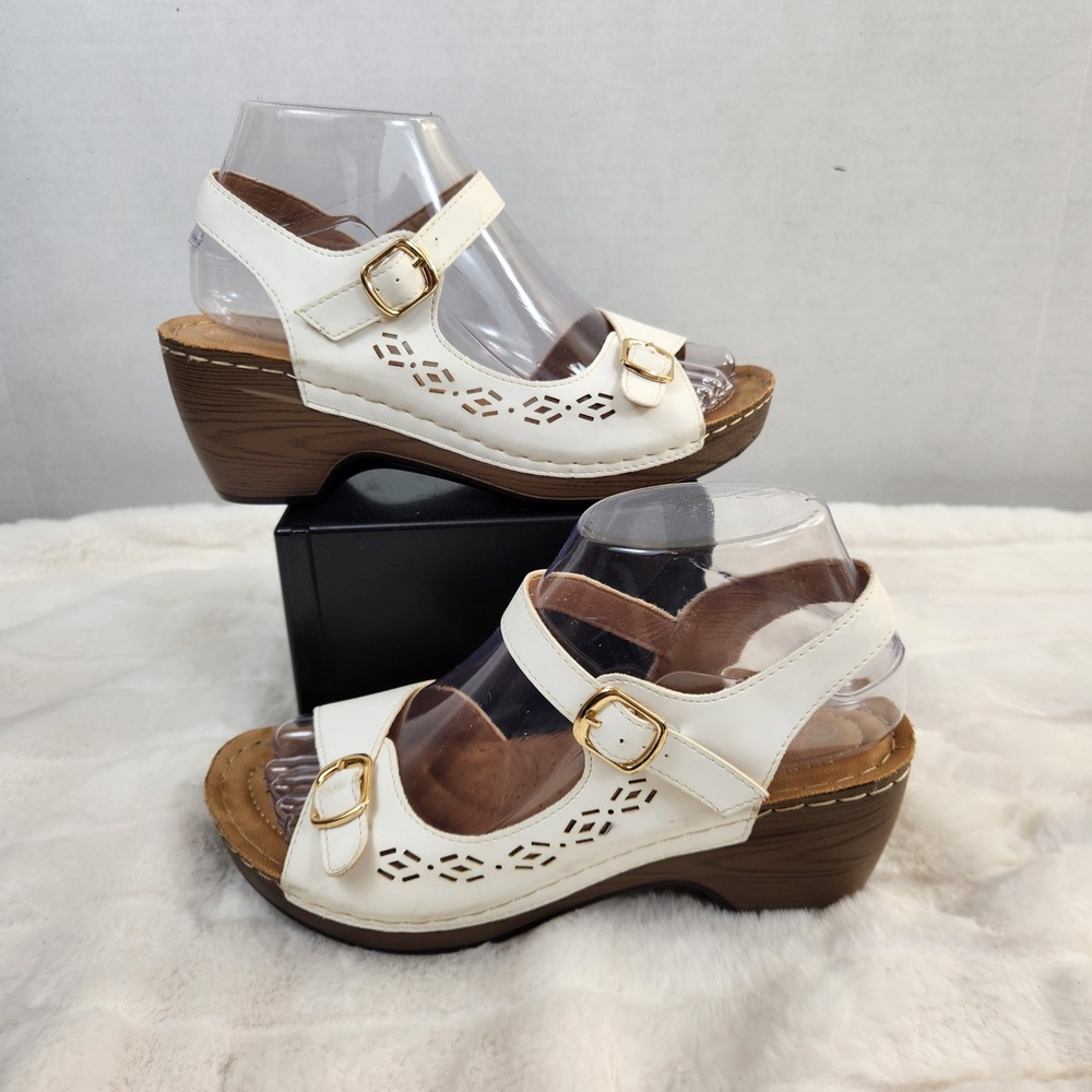 Patrizia Spring Step Women White Wedge Sandals Size 38 Buckle Straps Laser Cut